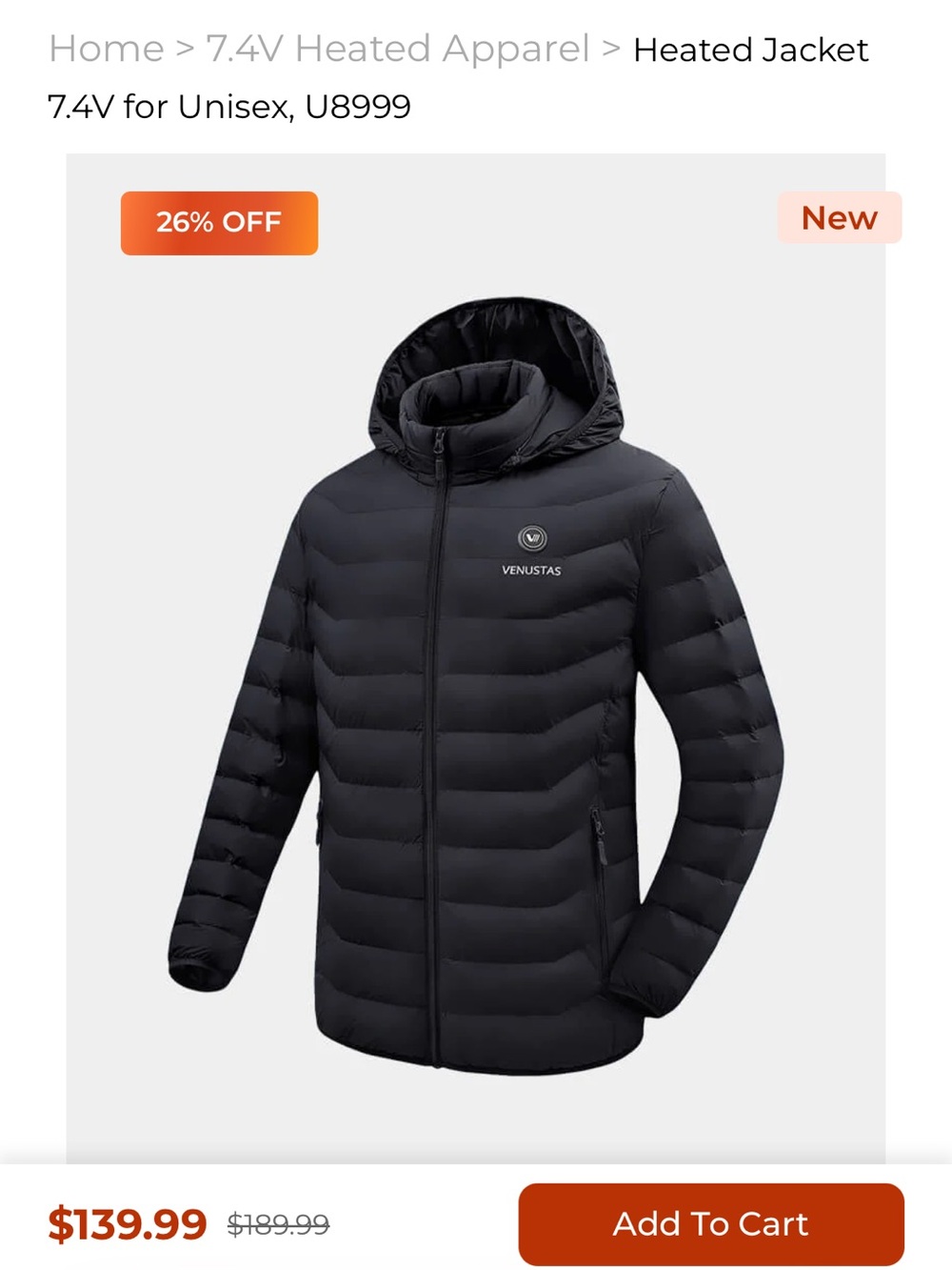 VENUSTAS Men’s Black Quilted Heated Hooded Puffer Jacket